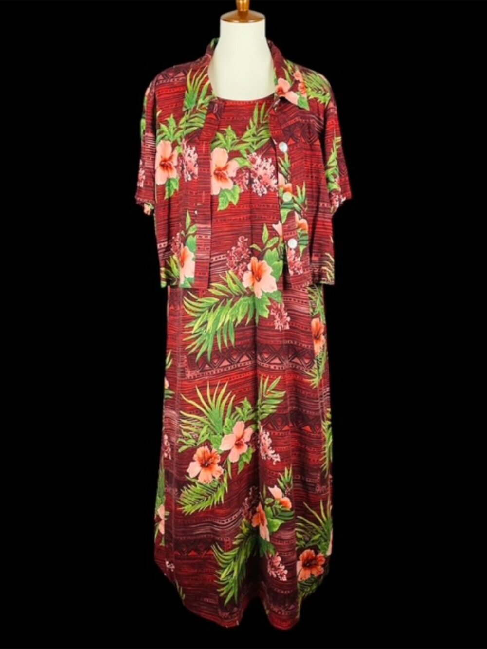 Vtg Liz Baker 2 Pc Set Sleeveless Maxi Dress Camp Shirt Sz 16W Floral Tropical